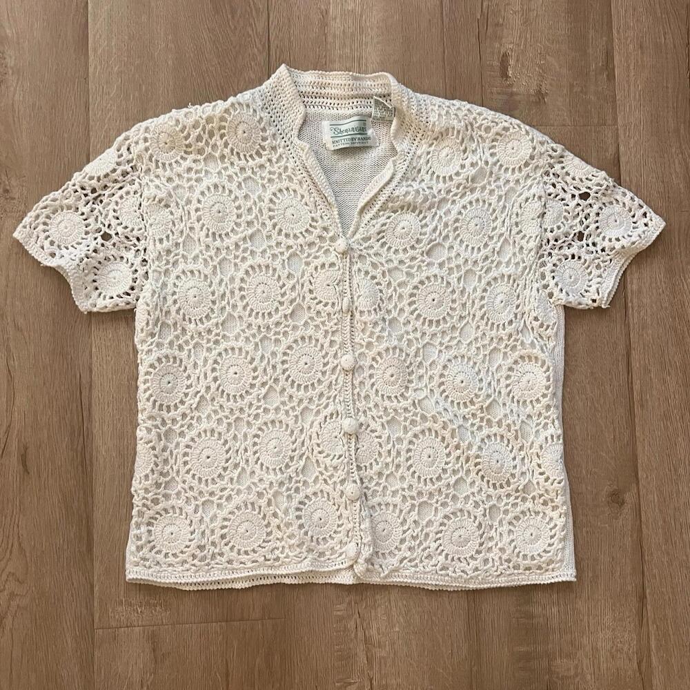 Vtg Shenanigans Hand Knitted Short Sleeve Cardigan Sweater Crocheted Off White M